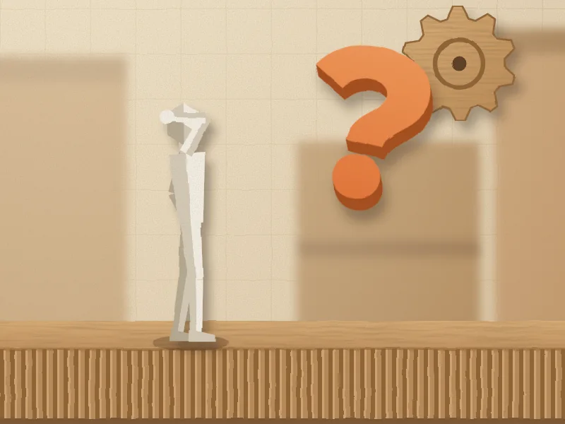 Un muñeco de papel se rasca la cabeza junto a una interrogación gigante