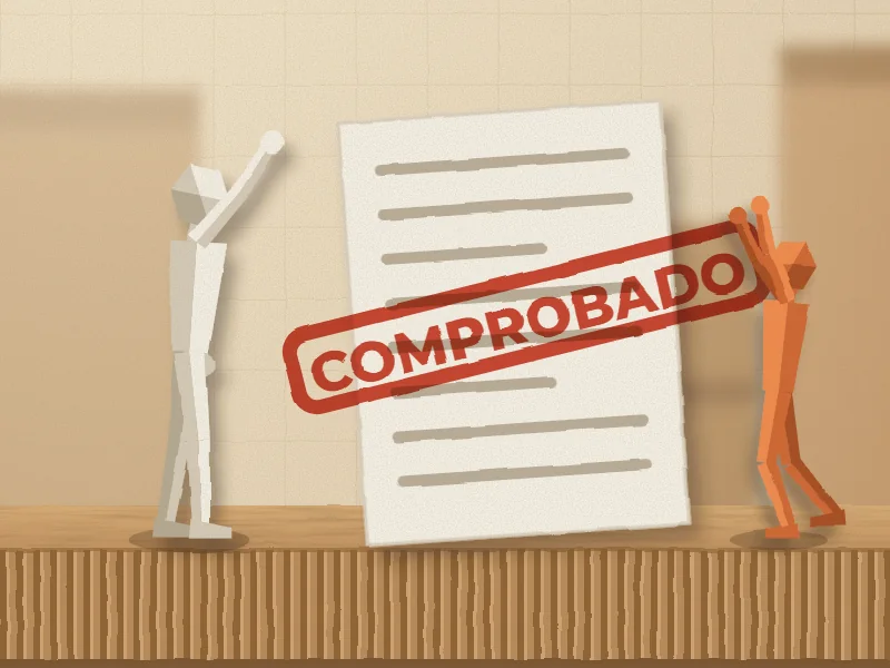 Un muñeco señala una hoja con el sello «Comprobado»